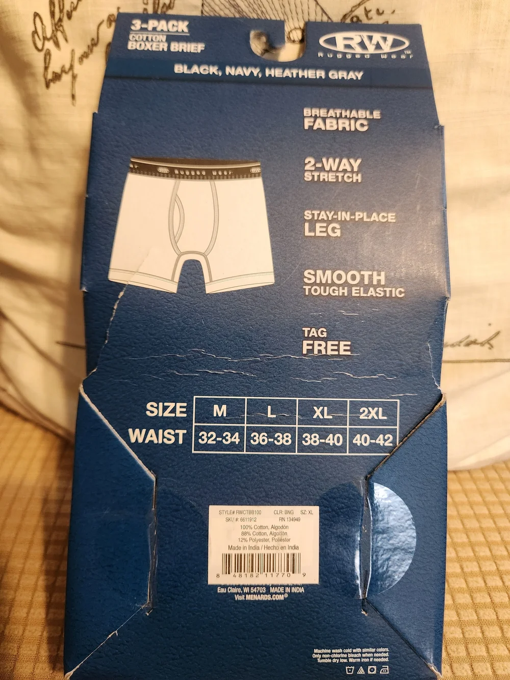 Rugged Wear Men's 3-Pack Cotton Boxer Briefs - Black, Navy, Heather Gray SIZE XL
